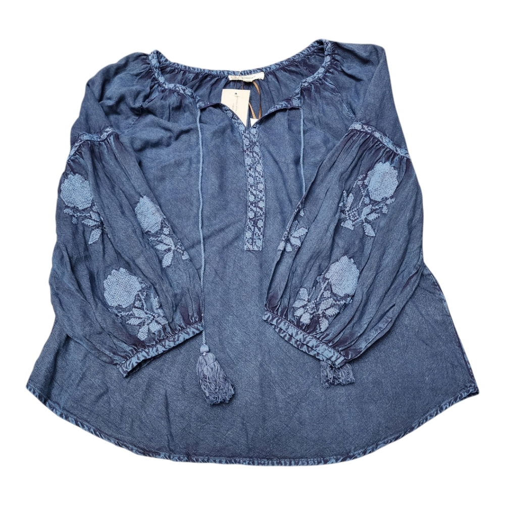 Laffaire Women's Blue Embroidered Top With Bell Sleeves Size Small